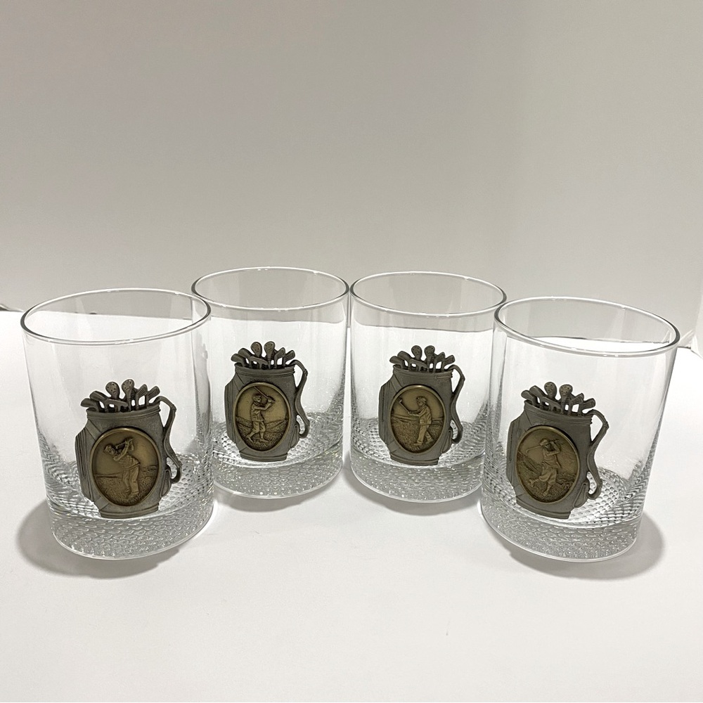 Set of 4 VTG Golf Theme Old Fashion Glasses 3D Pewter Golf Bag & Tee Off Emblems